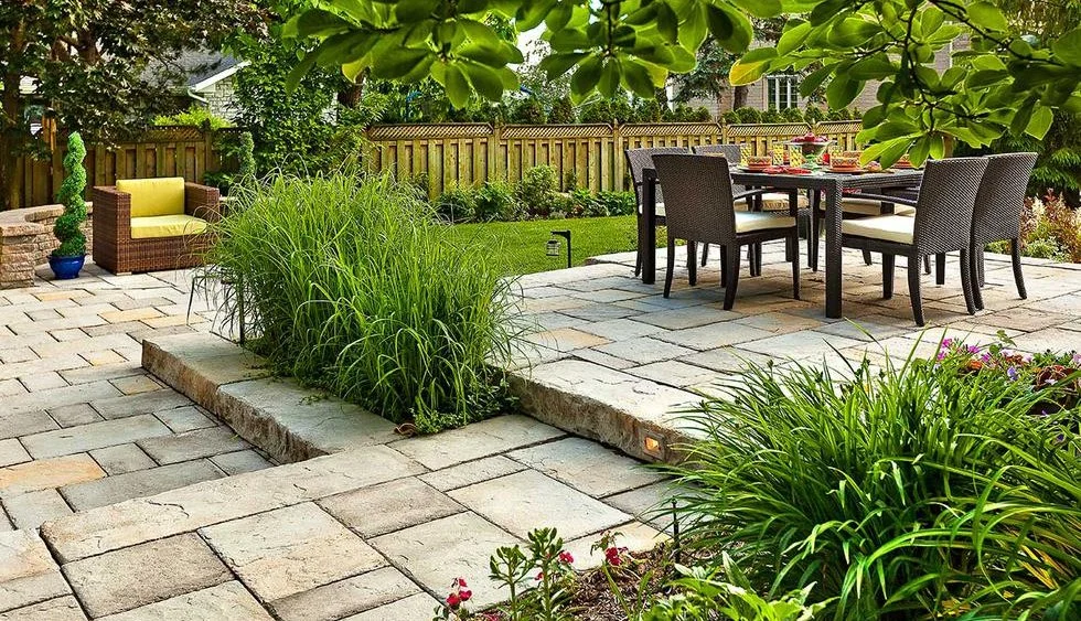 Stone patio installation in Pickering by KANU Interlocking