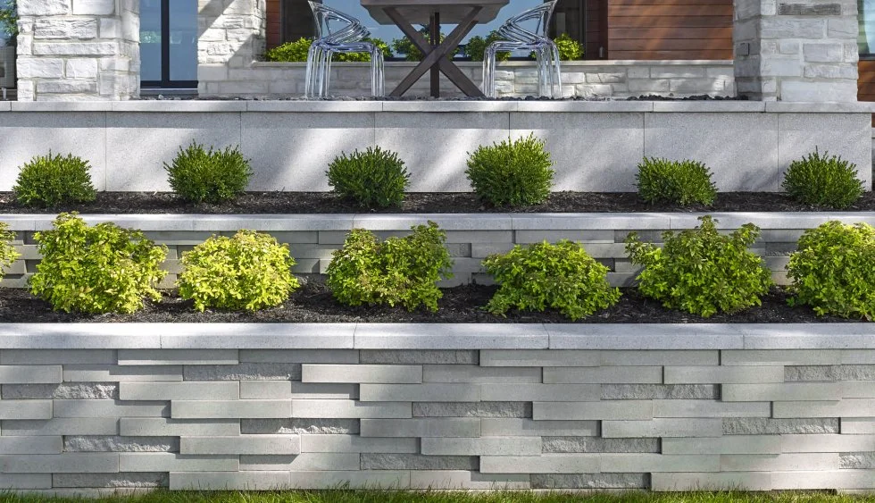 Interlocking retaining wall in GTA designed and installed by KANU Interlocking with premium stone blocks